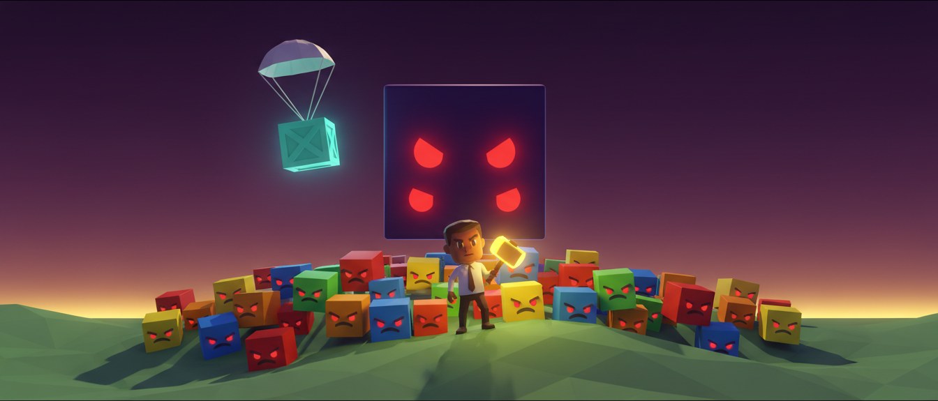 Bash the Busywork key art: a business owner with a golden hammer faces a horde of angry cubes while a VersAssist crate parachutes in